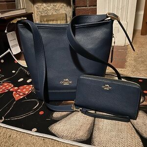 Coach Dark Blue Shoulder Bag and Wallet Set